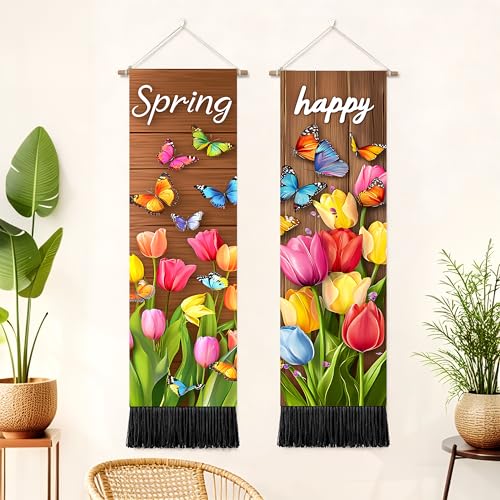 seewan 2 Pack Long Vertical Wall Tapestry, Boho Nature Landscape & Floral Aesthetic Wall Hanging for Bedroom Living Room Home Decor, Long Narrow Art Tapestry with Sunrise Mountain Botanical Designs, 13" × 51" (Spring Tulip Meadow, 13"Wx51"H, Unframed) - c