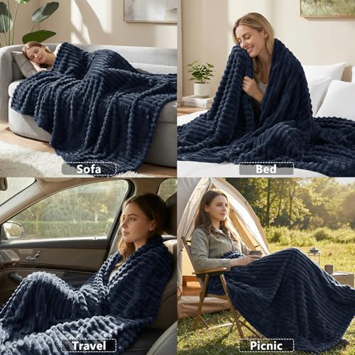 HIMEET Fleece Navy Blue Throw Blanket for Bed - 300GSM Ribbed Soft Cozy Blanket for Couch, Graduation Birthday Gifts for Women Men Dad, College Dorm Essentials Minimalist Room Throws, 50x60 Inches - color: Navy Blue, size: Throw (50" x 60")