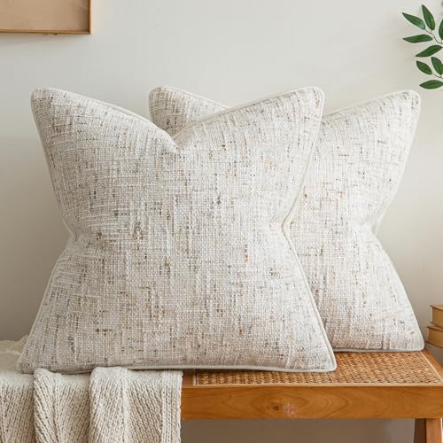 a moment Beige Reversible Pillow Covers 2 Pack - Farmhouse Chenille Velvet Throw Pillows, Neutral Textured Decorative Throw Pillow Covers with Border for Couch Sofa Bed (16x16 Inch, No Insert) - color: Beige, size: 16" x 16" (Pack of 2)