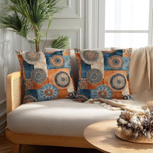 Firmiso Boho Patchwork Print Throw Pillow Covers 18x18 Set of 2 | Decorative Cushion Covers for Sofa Couch Bed | Eclectic Modern Home Decor Pillow Cases | Blue Orange Geometric Accent - color: Boho Patchwork