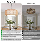 Large Handwoven Rattan Pendant Light, Boho Wicker Chandelier for Dining Room & Kitchen Island, Dimmable Hanging Ceiling Lamp with Warm White, Cool White & RGB Ambient Lighting, 21.7"