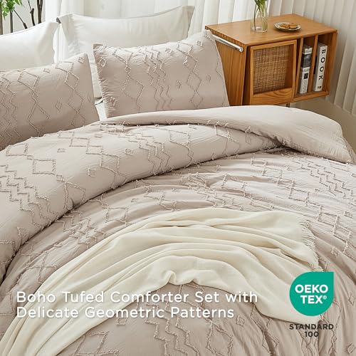 Andency Khaki Tufted Comforter Set Full(79x90Inch), 3 Pieces(1 Tufts Comforter, 2 Pillowcases) Boho Textured Farmhouse Bed, Down Alternative Geometric Tan Bedding Set - color: 01 - Khaki, size: Full (79"x90")
