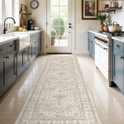 3x10 Runner Rug for Hallway Washable: Non Slip Kitchen Rugs with Rubber Backing Soft Waterproof Mats Stain Resistant Indoor Vintage Carpet Runner for Bedroom Bathroom Laundry Entryway Beige/Gray - color: Beige/Gray, size: 3' x 10' (Rectangular)