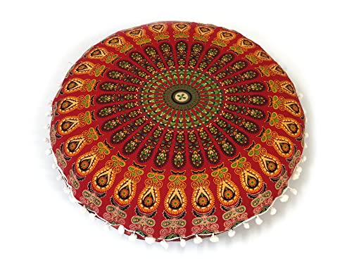 Round Mandala Floor Pillow Cover Seating Cushion Throw Cover Hippie Decorative Bohemian Ottoman Pouf Cover, Pom Pom Pillow Cases,Boho Indian 22 Inches (Red) - color: Red