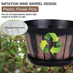 Quarut 8 inch Brown Plastic Whiskey Barrel Plant Pots Set of 4 with Drainage Holes and Saucer for Indoor and Outdoor Garden Home Plants - size: 8 inches