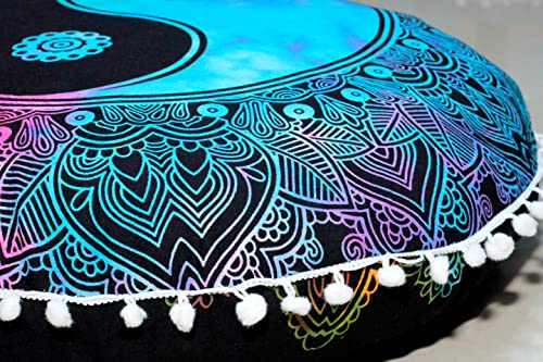 Round Mandala Floor Pillow Cover Seating Cushion Throw Cover Hippie Decorative Bohemian Ottoman Pouf Cover, Pom Pom Pillow Cases,Boho Indian 22 Inches (Multi Color Yin yang) - color: Yin Yang