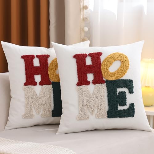 LUOYEHK Home Pillow Covers 20x20 Inch Set of 2 Words Tufted Embroidery Throw Pillow Covers Neutral Decorative Pillowcase Farmhouse Cushion Covers for Couch Sofa Bed Living Room - color: Home, size: 20" x 20" (Pack of 2)