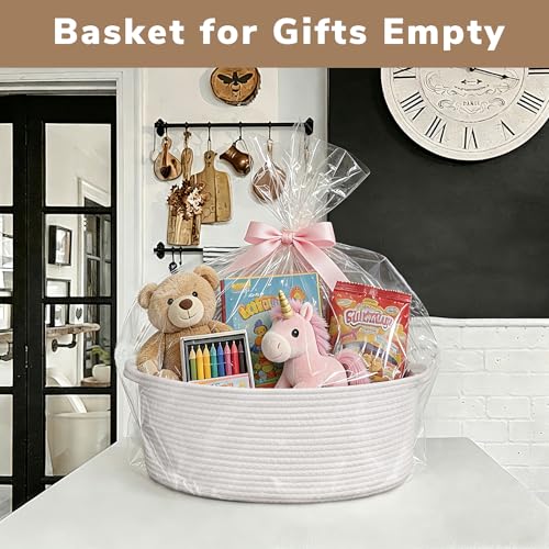 Goodpick White Rope Baskets for Gifts Empty, Decorative Basket for Baby Shower Gifts, Woven Storage Baskets for Bathroom, Toy Basket with Handles for Nursery Kids, 13.6"x 10" x 6" - color: White, size: 13.6x10x6 Inch (Pack of 1)