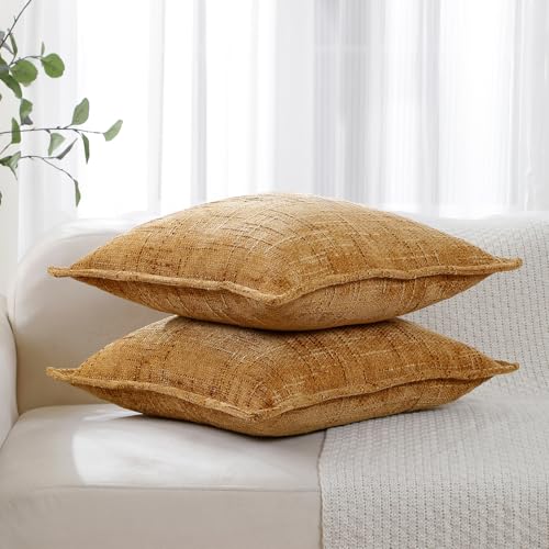 HPUK Fall Chenille Soft Throw Pillow Covers 18x18 Set of 2, Accent Cushion Covers for Living Room, Bedroom, Decorative Solid Color Pillow Covers for Couch, Sofa, Chair, Mustard Yellow - color: Chenille-mustard Yellow, size: 18" x 18" (Pack of 2)