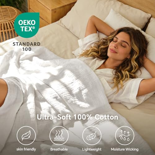 BEDELITE 100% Cotton Muslin Blankets for Adults - 4-Layer Queen Size Breathable and Lightweight Gauze Blanket for Couch, Bed, Travel and Summer, Soft & Cozy Gift for Women, White, 90"x90" - color: White, size: Queen(90"x90")