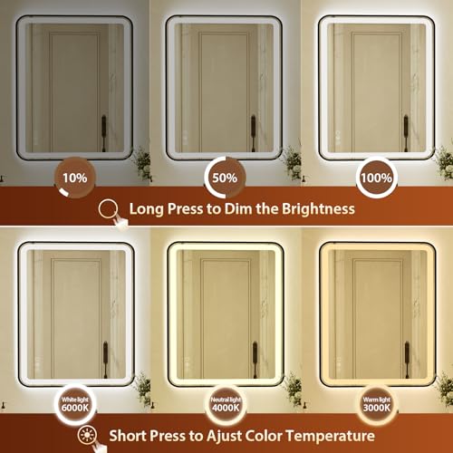 32x40 Inch LED Bathroom Mirror with Black Frame,Front and Backlit Vanity Mirror,Tempered Glass,Stepless Dimmable Wall Mirrors with Anti-Fog, 3 Colors, Memory, Waterproof, LED Smart Bathroom Mirror - color: Black, size: 32"L x 40"W