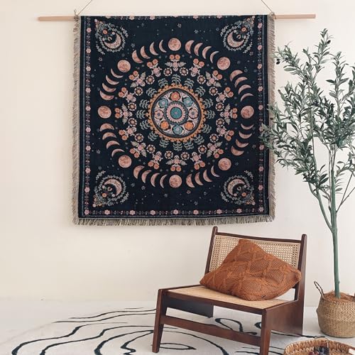 Boho Throw Blanket Reversible Cotton Bohemian Tapestry Hippie Room Decor Double Sided (Lunar Eclipse Black 50"x60") - color: Boho Lunar Eclipse Black 2, size: 50*60 inch