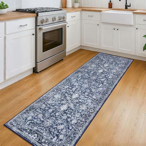 KILOCOCO Hallway Runner 2x6 Rug Runner Printed Vintage Floral Washable Kitchen Runners Non-Slip Rubber Backed Runners for Hallways Laundry Room Distressed Boho Rugs for Entryway Bedroom, Blue - color: Blue/Navy/White, size: 2' x 6' (Runner)