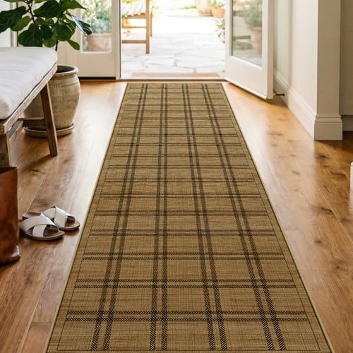 Jute 2x8 Hallway Runner Rug: Washable Non Slip Kitchen Rugs with Rubber Backing Pet-Friendly Carpets Stain Resistant Runners for Laundry Entryway Bedroom Decor Brown Plaid - color: Brown Plaid, size: 2' x 8' (Rectangular)