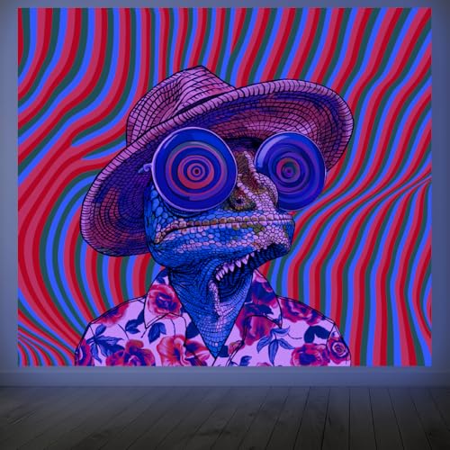 CRAFTYMELODY Chameleon Blacklight Tapestry Glow in the Dark Tapestry UV Reactive Cool Chameleon Wall Hanging 59×51 Inch with Hook Self Adhesive Sticker Clip for Bedroom Home Wall Decoration - color: Chameleon
