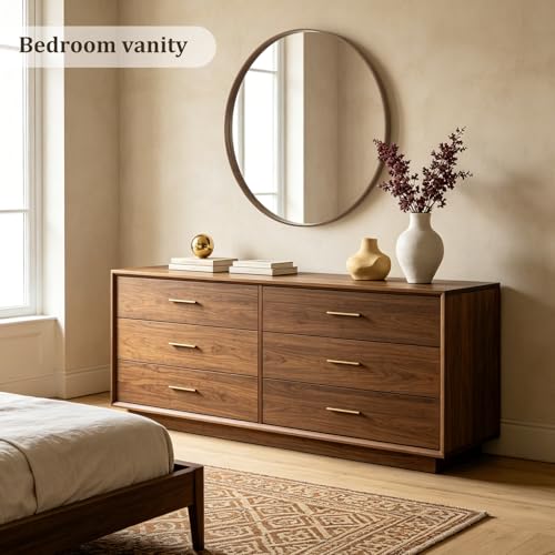 WallBeyond Round Wood Mirror, 40" Round Modern Decoration Large Circle Wall Mirror for Bathroom Living Room Bedroom Entryway, Walnut - color: Walnut, size: 40"L x 40"W