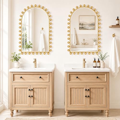 24x36 Inch Arched Wall Mirror with Antique Gold Ball Frame, Beveled Arched Decorative Wall Mirror, Vintage Gold Accent Mirror for Living Room, Entryway, Bedroom, Hallway & Over Console Decor - size: Arch 24x36"