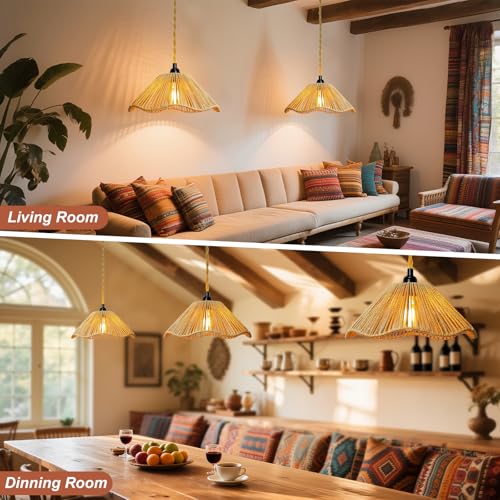 Hanging Lights with Plug in Cord Rattan Hanging Lamp Boho Ceiling Light Fixtures Farmhouse Pendant Lamp Shape for Living Room Bedroom Kitchen - size: 12.4 Inch-Umbrella Shade