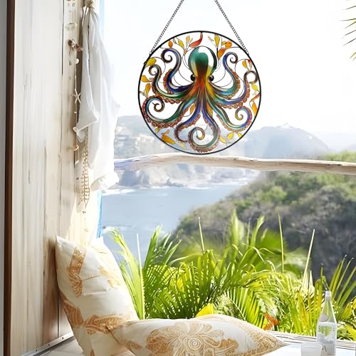 Octopus Stained Glass Window Hanging, 9.8’’ Sun Catcher Glass Panel Ocean Theme Wall Art Decor with Chain, Birthday Gift for Sons, Daughters, Grandson - color: Octopus