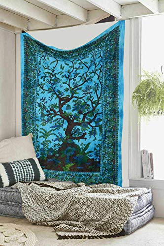 Indian Mandala Window Door Curtain Decor Room Wall Drapes Panel Sheer Tourquoise Tree of Life Mandala Bohemian Curtain Set Cotton Window Treatment Door Hanging - color: Turquoise & Green, size: 52"W x 82"L (Pack of 1)