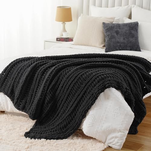 Battilo Chunky Knit Throw Blanket for Couch, Hand Made Chenille Throw Blanket, Super Soft Warm Cozy Charcoal Blanket for Bed, Sofa, Living Room, 50"x60" - color: Charcoal