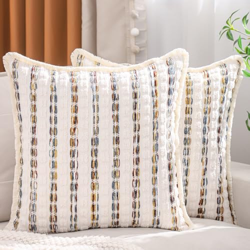 LUOYEHK Chenille Striped Throw Pillow Covers 20x20 Inch Set of 2 Boho Decorative Pillowcases with Fringe Farmhouse Neutral Cushion Covers for Couch Sofa Bed Living Room, Blue Brown - color: Blue Brown, size: 20" x 20" (Pack of 2)