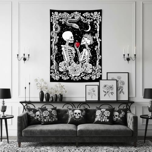 Accnicc Skeleton Lovers Tapestry Gothic Skull Vertical Tapestries Wall Hanging Black and White Floral Plant Snake Horror Small Tapestry for Bedroom Living Room Dorm 48 x 36 inch - color: Black, size: 48"L x 36"W