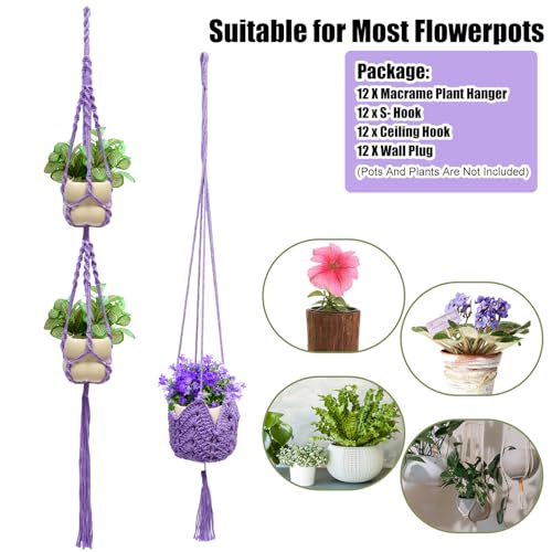 Hoteam 12 Pcs Macrame Plant Hangers Macrame Hanging Planters for Indoor Plants Handmade Boho Hanging Baskets Flower Pots Holder for Outdoor Home Wall Decor - color: Purple