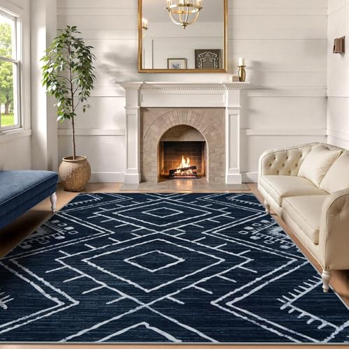 LIVEBOX Moroccan 8x10 Area Rug, Navy Washable Rugs for Living Room Bedroom, Western Tribal Rug Non Slip Low Pile Modern Geometric Large Area Rugs Diamond Carpet for Dining Room Home Office Decor Boho - color: Navy, size: 8‘ x 10'