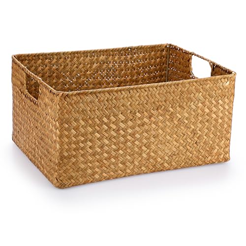 Hipiwe Seagrass Storage Baskets Bin for Shelf Handwoven Wicker Baskets Built-in Handles Rectangular Closet Bedroom Organizer Box Multipurpose Woven Basket Bins,14.6"x 10.6"x 7.1" - color: Caramel, size: Large,14.6"x10.6"x7"