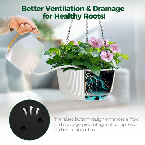 T4U 10 Inch Hanging Planters for Indoor Plants, 2 Pack White Self Watering Hanging Plant Pot, Hanging Pots Set with Drainage Hole & Plug & Chain with 3 Hooks for Garden Home Decor - color: White, size: 10 inch