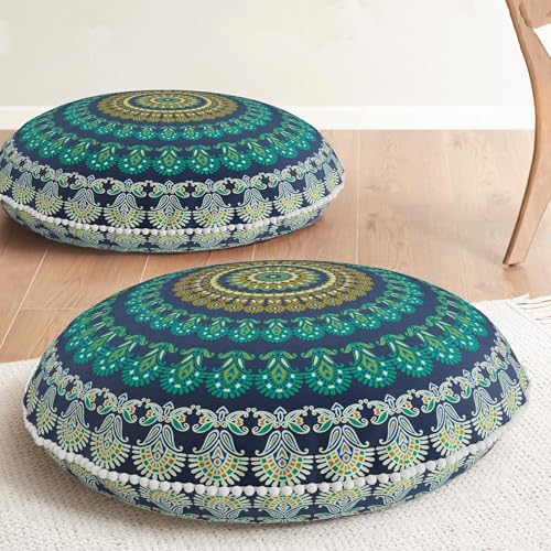 Codi Meditation Floor Pillow Set of 2, Round Large Pillows Seating for Adults and Teens, Bohemian Mandala Circle Cushions for Outdoor Fireplace Yoga Living Room, 32 Inch, Memory Foam Added, Green - color: Round | Green, size: 2 Count (Pack of 1)