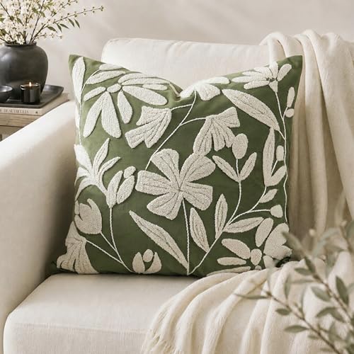 BlissBlush Decorative Throw Pillow Cover 20x20 Inch, Olive Green Floral Tufted Velvet Accent Pillow Case for Sofa Bed Living Room, Cover Only - color: Olive Green, size: 20" x 20" (Pack of 1)