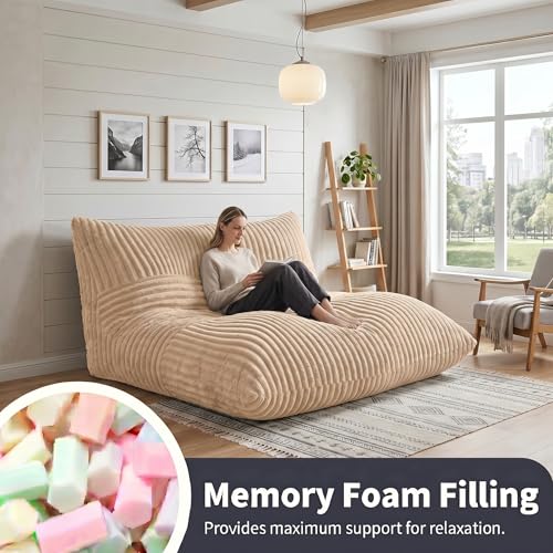 3 in 1 Bean Bag Chair with Memory Foam Filler, Beanbag Chairs for Adult with Washable Cover, Fluffy Oversize Bean Bag Chair Reading Lounger for Bedroom & Living Room (Light Brown) - color: Cream