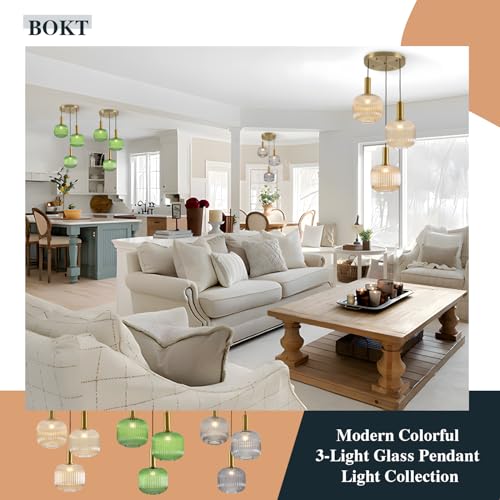 BOKT Green 3-Light Cluster Pendant Lights Mid Century Modern Ceiling Hanging Lighting 7.9" Farmhouse Gold Pendant Lights Kitchen Island with Ribbed Hand Blown Glass for Living Room Dining Room - color: Green 3-Light
