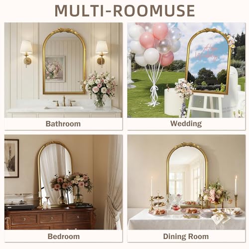 Vintage Arched Gold Carved Bow Wall Mirror - 24''x39''Champagne Gold Large Baroque Wall-Mounted Mirror - Twisted Rope Metal Frame - Antique French Ornate Mirror for Entryway/Hallway/Bathroom - color: Bow - Champagne Gold (39"l X 24"w)