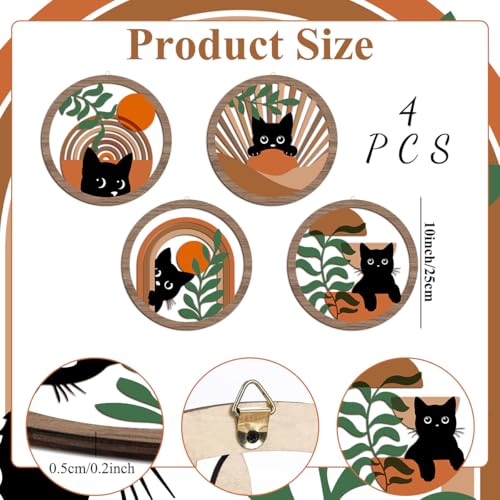 4PCs 3D Boho Cat Hanging Wooden Wall Art Wall Decor, Botanical Wall Decor Bohemian Decor, Cat Lover Gifts, Wooden Sign Wood Art Wood Plaque Home Decor for Living Room Bedroom Farmhouse Office - color: Multi 0062