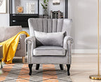 Kmax Grey Accent Chair Velvet Wingback Chair with Pillow Nail-Head Channel Tufted Oversized Club Chair for Living Room Bedroom Guest Room - color: Grey