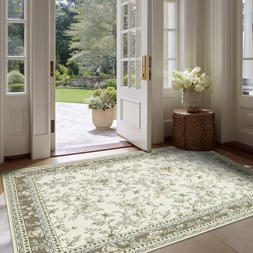 Beige Taupe Floral Area Rug for Entryway 2x3 Washable Small Rug Low Pile Non Slip Distressed Entry Mat Soft Farmhouse Indoor Entrance Door Mat for Kitchen Bedroom Greyish Beige Tan Floral Design - color: Sketch Floral Cool Beige, size: 2' x 3' (Rectangula