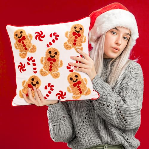 Whaline 2 Pcs Christmas Tufted Throw Pillow Covers Xmas Red White Gingerbread Man Candy Cane Pillowcase Winter Pillowslip Cushion Cover for Sofa Couch Bed Home Party Decor, 18 x 18 Inch