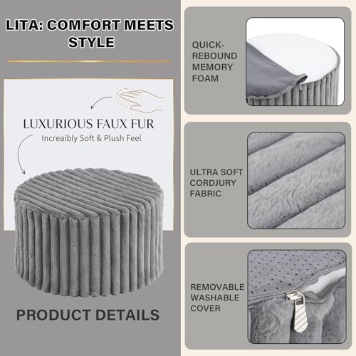 LITA Round Stuffed Pouf Ottoman, Corduroy Poufs with High-Density Foam Filling and Washable Cover, Furry and Fluffy Bean Bag Foot Stools Ottoman for Living Room, Bedroom, Office, Grey, Round - color: Round Corduroy Grey
