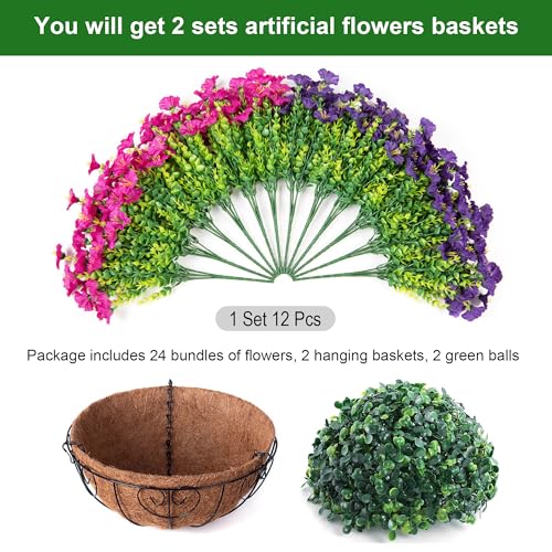 Ivydale 2 Set Artificial Flowers Hanging Baskets for Outdoors Fake Spring Plants, 24 Pcs UV Resistant Faux Silk Morning Glory with 2 Hanging Planters Look Real for Outside Porch Patio Outdoor Decor - color: Purple Fuchsia