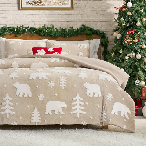 Amélie Home Christmas Comforter Set Queen, Fluffy Christmas Bedding Set with Polar Bear, Beige Fleece Plush Comforter, 3 Pieces, 1 Soft Comforter and 2 Pillowcases - color: Christmas Polar Bear Beige, size: Queen (90"x90")