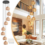8-Light Woven Foyer Chandeliers for High Ceiling H100",8 Dome Boho Rattan Pendant Lights Farmhouse Ceiling Light,rustic Hemp rope Light Fixture For Living Room Hallway Staircase Entryway (Bulb Incl. - color: 16" Natural 8-Light