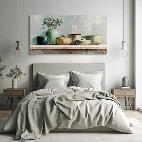 AERART Blue-Green Geometric Abstract Vase & Plant Wall Art - 29"x58" Framed Canvas Painting Artwork for Boho/Living Room/Bedroom Neutral Home Wall Decor - color: Cyan, size: 58"L x 29"W