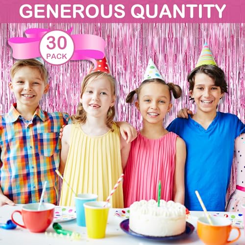 30 Pack Pink Foil Fringe Curtain Backdrop, 3.3x8.2 Feet Metallic Tinsel Streamer Curtains Photo Booth Props for Wedding/Birthday/Baby Shower/Valentine's Day/Princess Themed Party Decorations - color: Pink