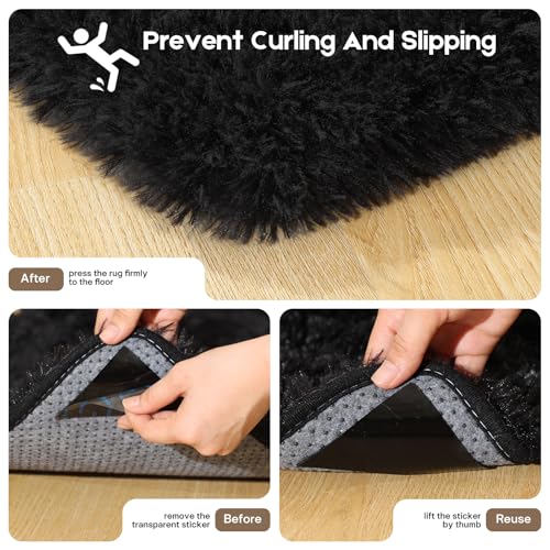 2x3 Black Rug for Bedroom Living Room, Fluffy Small Area Rug Soft Shag Carpet for Kids Boys and Girls Room with 4 Rugs Non-Slip Stickers Dorm Home Decor (2ft x 3ft) - color: Black, size: 2' x 3' (Rectangular)