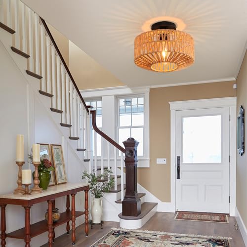 Ceiling Light Fixture,Hand-Woven Rattan Flush Mount Ceiling Light,Farmhouse Light Fixtures Ceiling Mount Boho for Hallway Bedroom Kitchen Entryway Living Room - color: 11.4 IN Ceiling Light