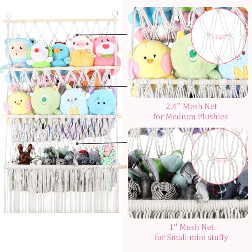 3 Tier Stuffed Animal Storage Shelf Net, 24x39 Inch Large Plushie Net w/LED Light & Clips for Mini Medium Stuffy Teddy, Beige Boho Macrame Wall Toy Holder Display for Nursery Kids Girls Boys - color: Beige, size: Large-3 Tier-24x39 Inch