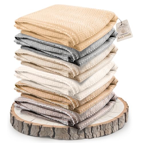 Cashmere Blanket – Hand Woven 100% Pure Wool Throw Blanket, 135 x 270 cm – Herringbone Pattern Cozy, and Soft Blanket for Bed, Sofa, or Couch - Made in Nepal - color: Gold Beige
